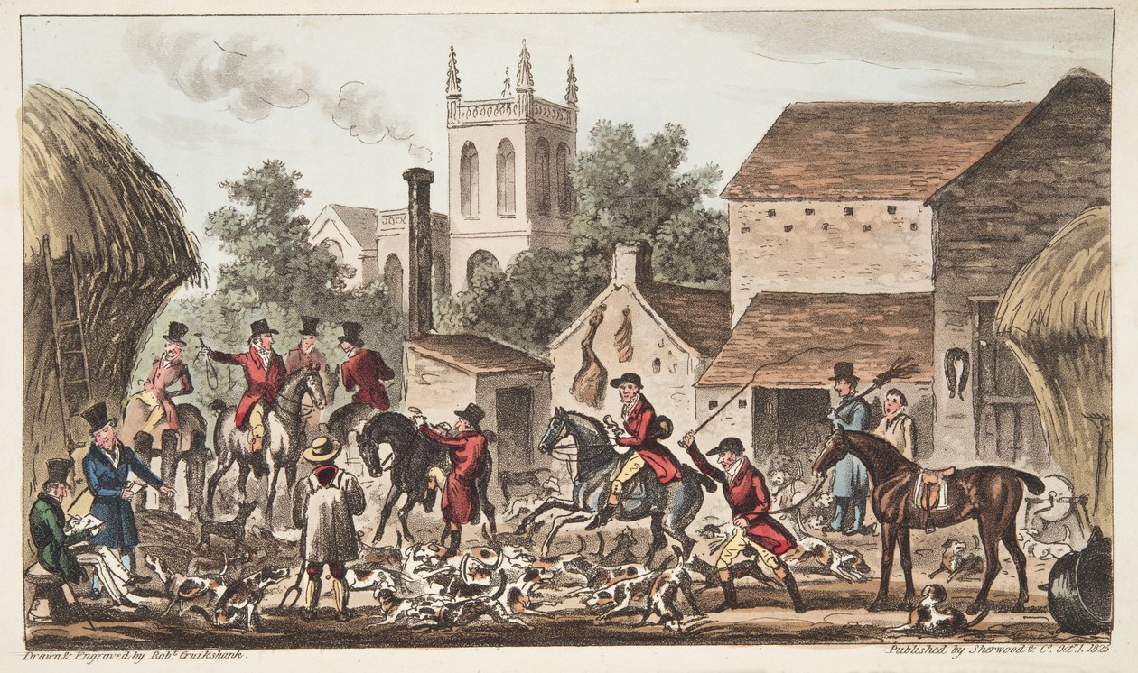 Going out; A view of Berkeley Hunt Kennel, from The English Spy published 1824, (hand coloured engraving) od Isaac Robert Cruikshank