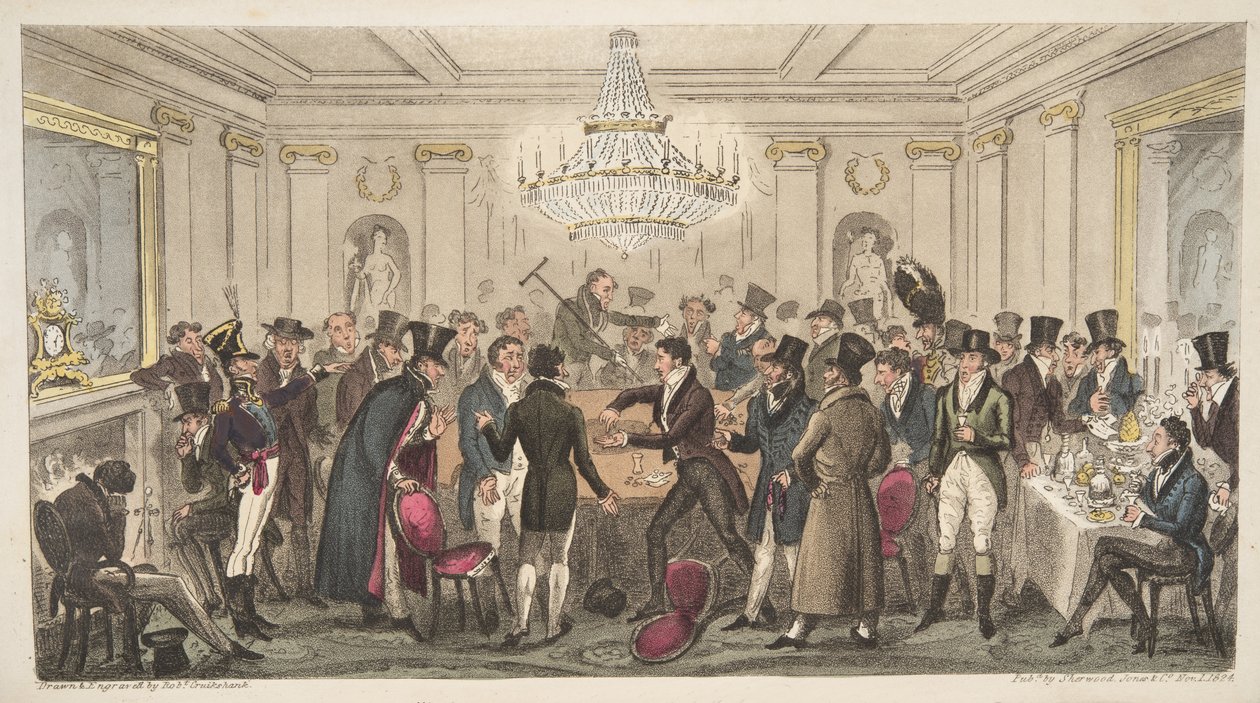 Interiér moderního pekla - vide. The Cogged Dice, z knihy The English Spy, pub. 1824 (ručně kolorovaná rytina) od Isaac Robert Cruikshank