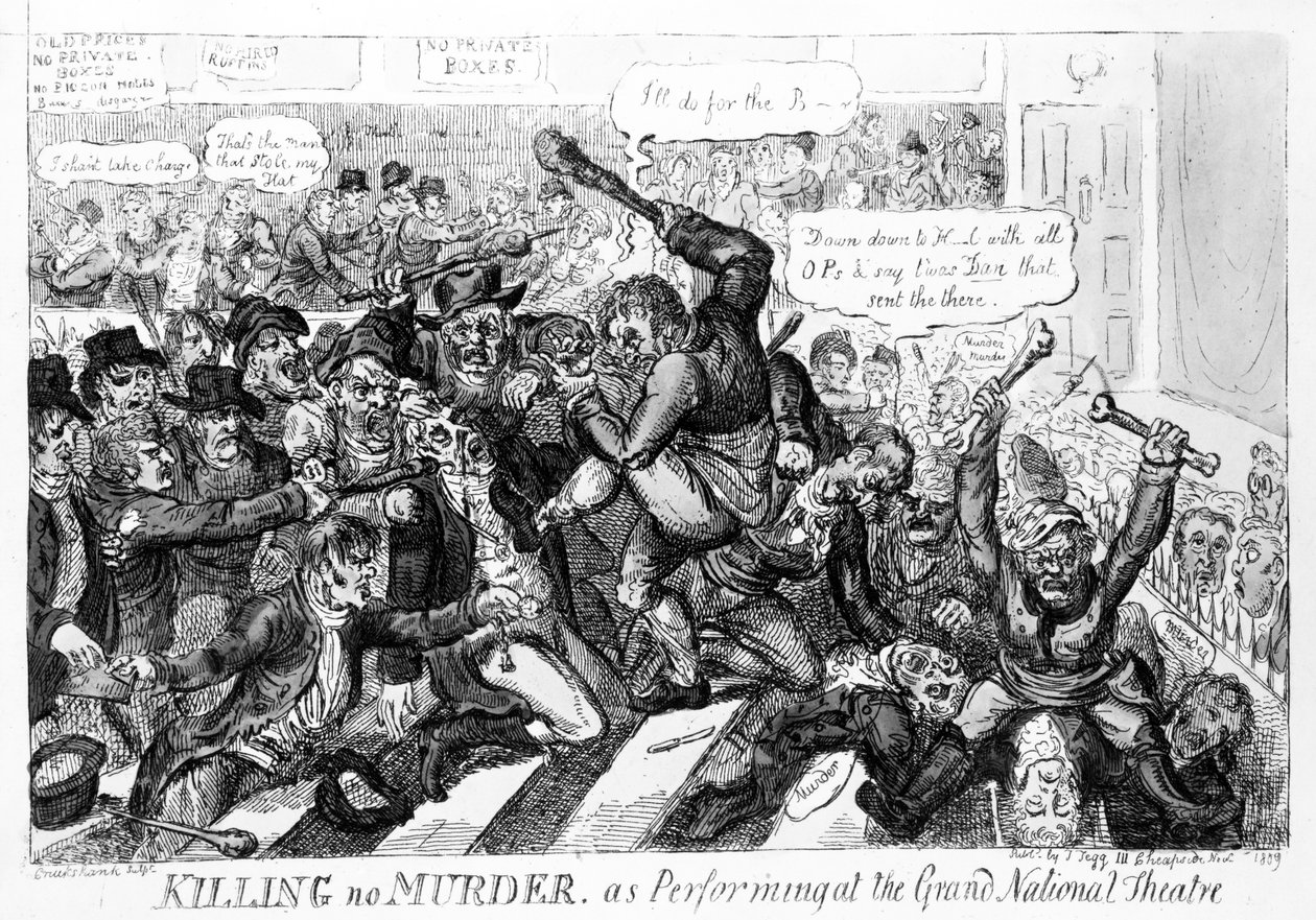 Killing no Murder, jako vystoupení ve Velkém národním divadle, 1809 od Isaac Robert Cruikshank