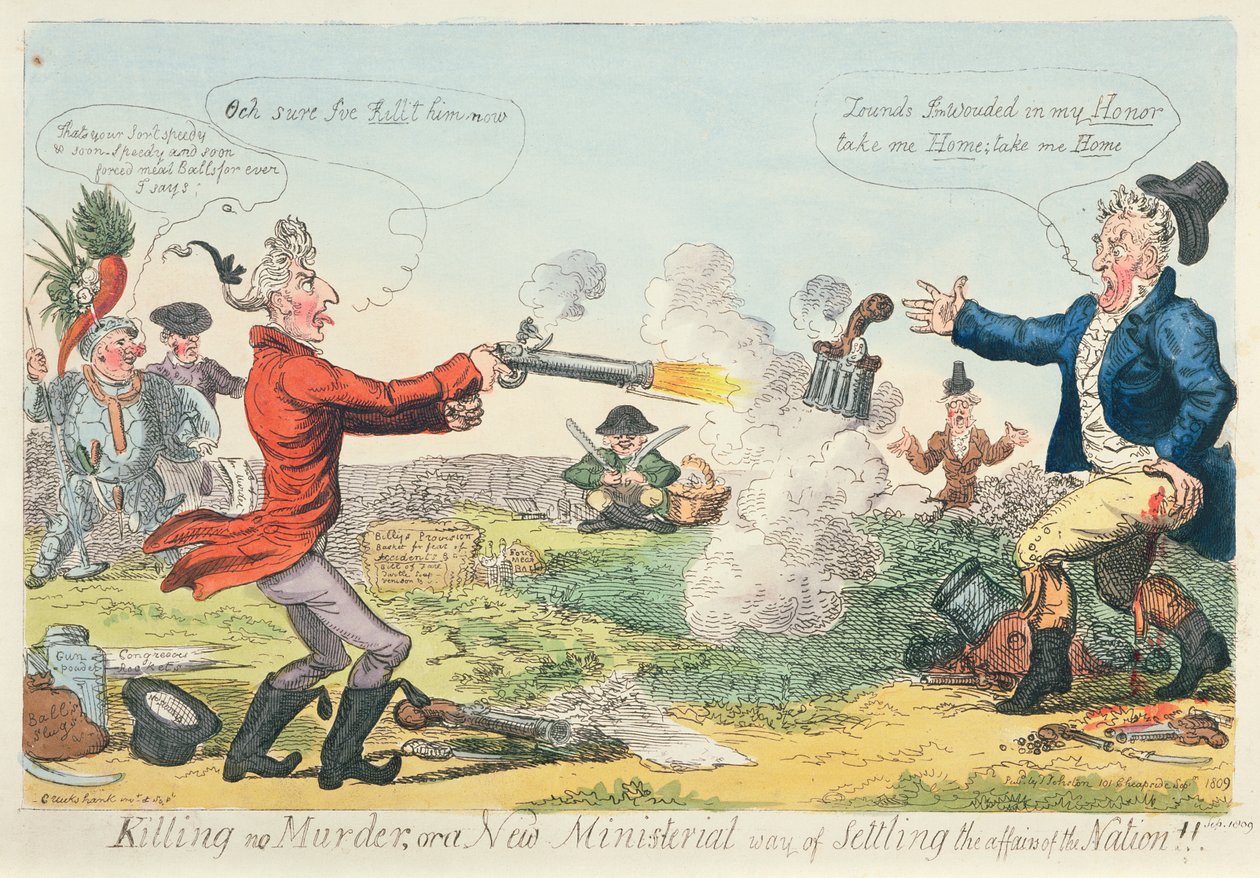 Killing no Murder, aneb nový ministerský způsob urovnání záležitostí národa!, 1809 (barevný lept) od Isaac Robert Cruikshank