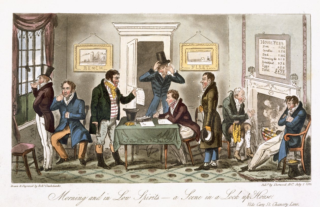 Ráno a v nízké náladě – scéna v zamčeném domě, z „Anglického špióna“, Charles Molloy Westmacott (1788-1868), vydáno v Londýně, 1825 od Isaac Robert Cruikshank
