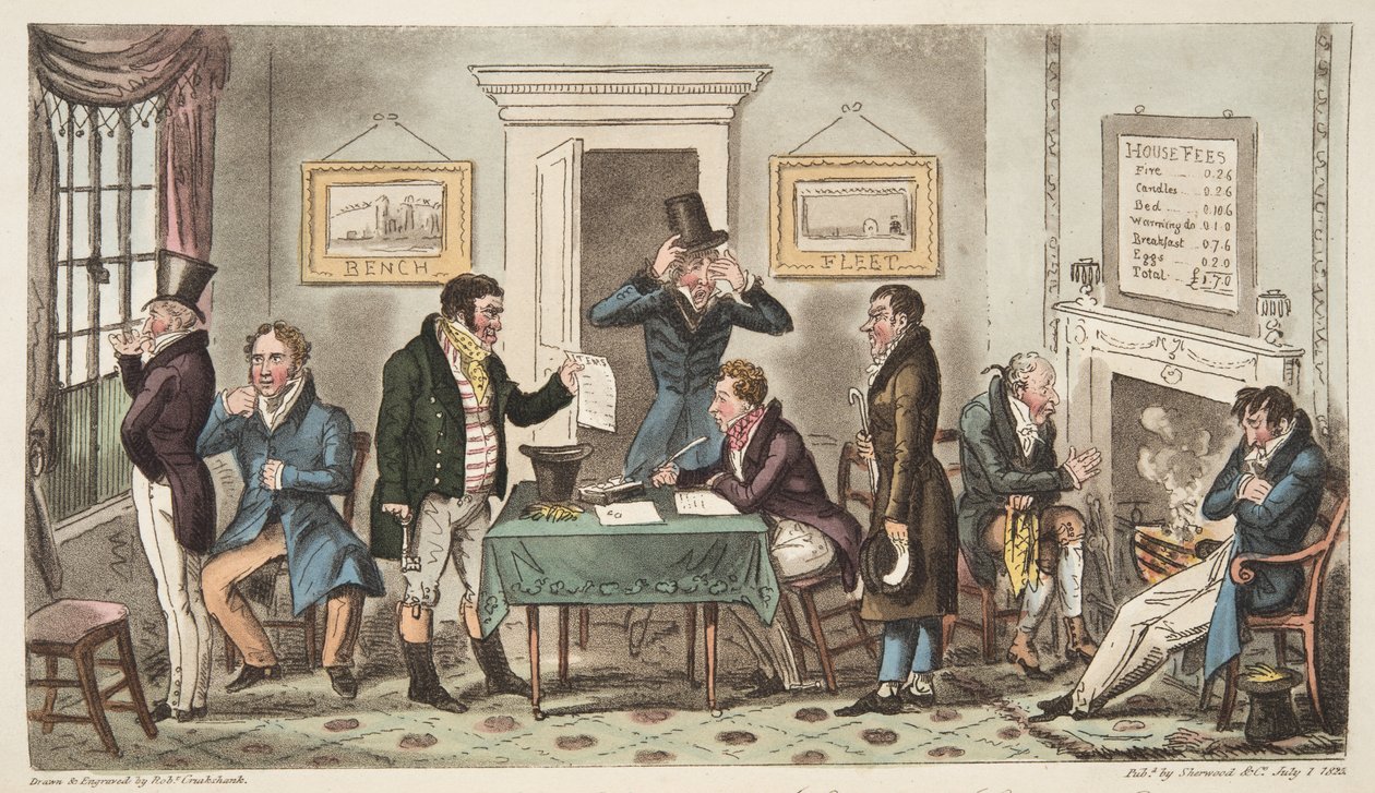 Ráno a v nízké náladě, scéna Lock Up v Spunging House, Carey Street, trochu dobré pravdy, z anglického špióna, vydáno v Londýně, 1824 od Isaac Robert Cruikshank