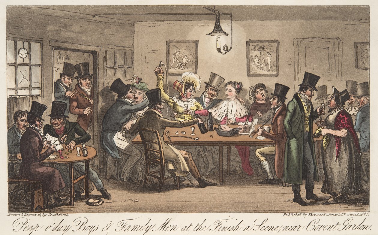 Peep ODays and Famiiy Men at the Finish, od The English Spy, pub. 1824 (ručně kolorovaná rytina) od Isaac Robert Cruikshank