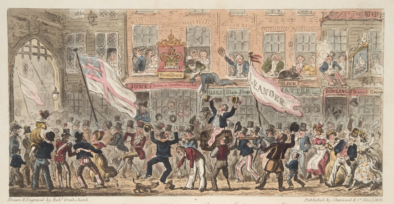 Point Street, Portsmouth, od The English Spy, hospoda. 1824 (ručně kolorovaná rytina) od Isaac Robert Cruikshank