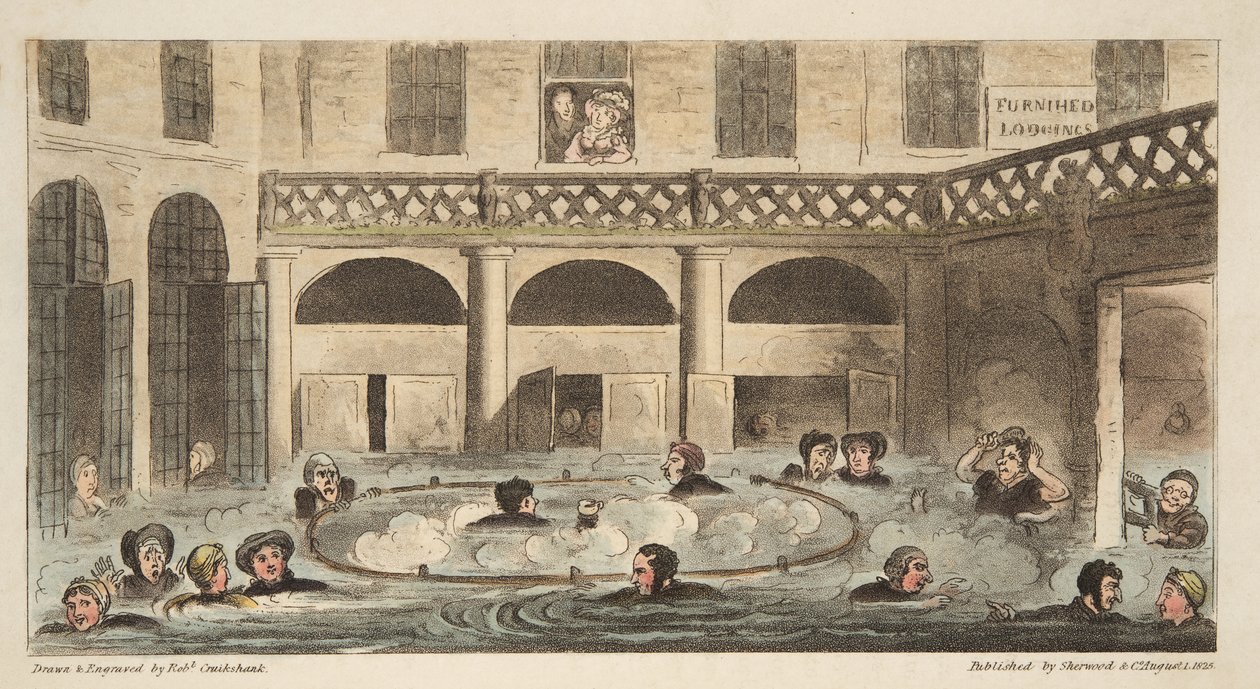 Public Bathing at Bath or Strewing Alive, od The English Spy, pub. 1824 (ručně kolorovaná rytina) od Isaac Robert Cruikshank
