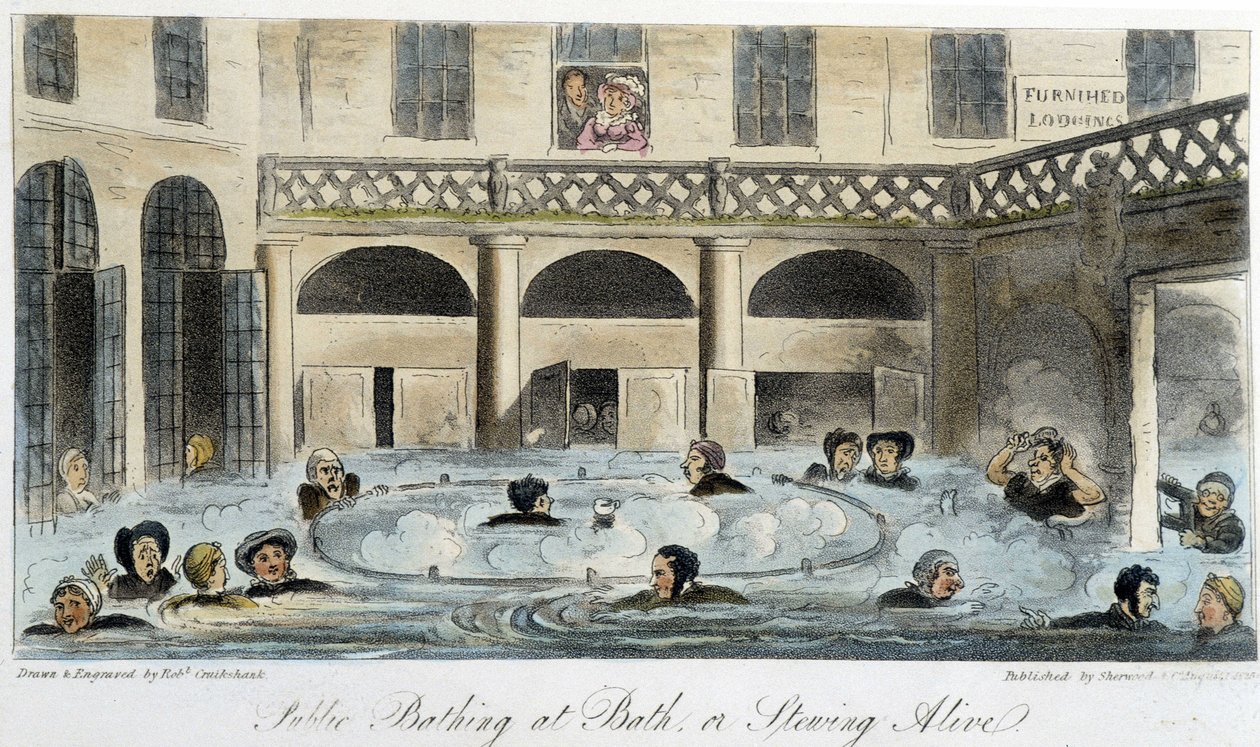 Veřejné lázně v Londýně - v „Anglickém špiónovi“ od Charlese Molloy Westmacotta, kresba Robert Cruikshank, londýnské vydání od Isaac Robert Cruikshank