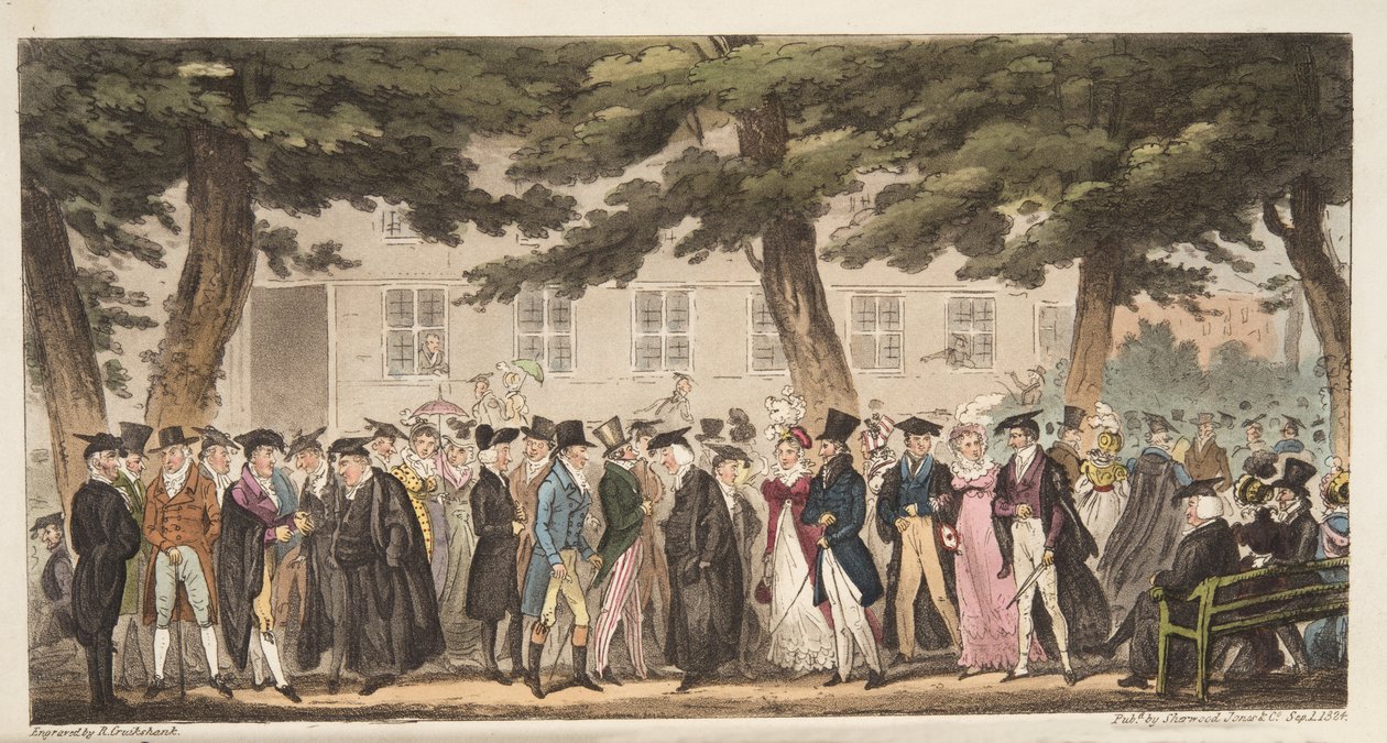 Show Sunday, A View in the Broad Walk, Christ Church Meadows, Oxford, od The English Spy, pub. 1824 (ručně kolorovaná rytina) od Isaac Robert Cruikshank