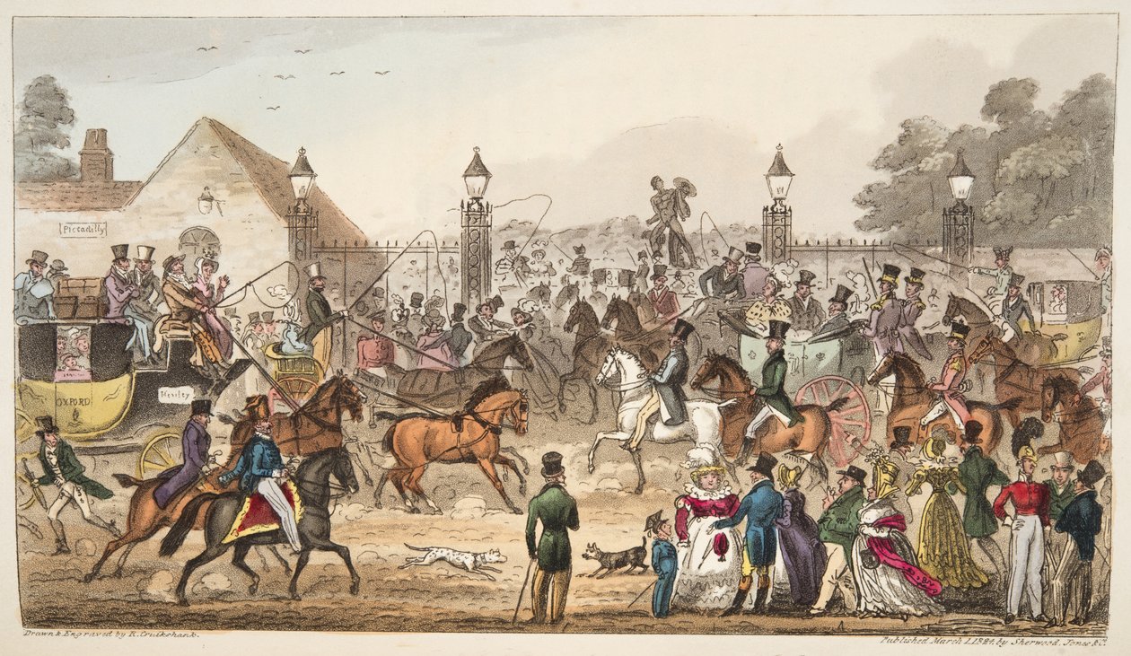 The Arrival, neboli Western Entrance into Cockney Land, od The English Spy vydané v roce 1824, (ručně kolorovaná rytina) od Isaac Robert Cruikshank