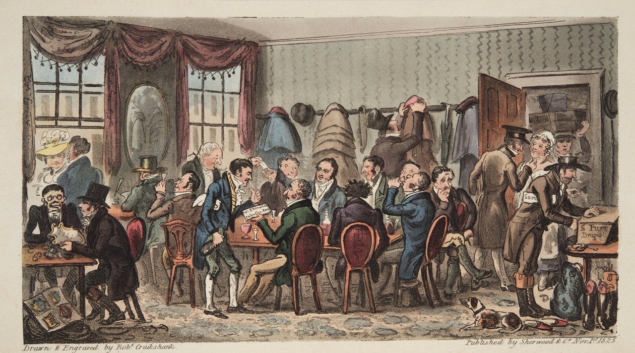 The Bags, Mens Banket v Bell Inn, Cheltenham, od The English Spy, hospoda. 1824 (ručně kolorovaná rytina) od Isaac Robert Cruikshank