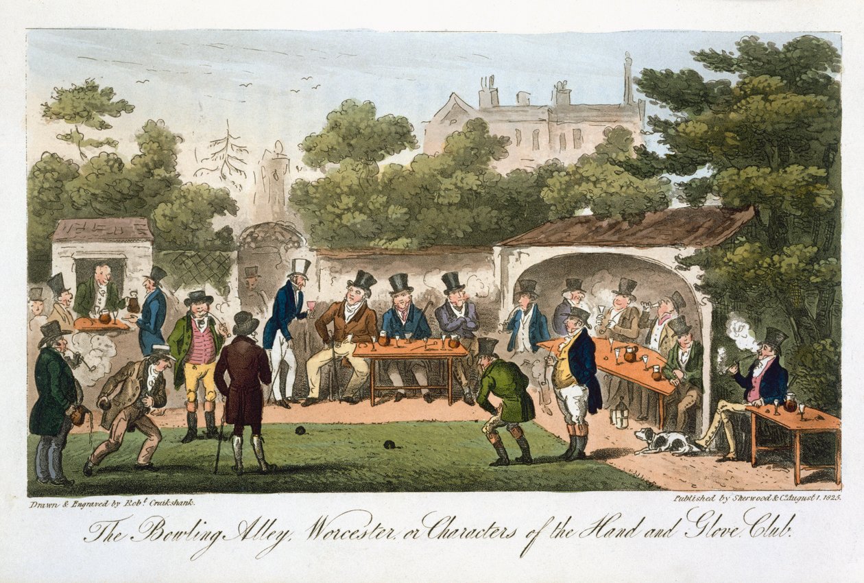 Bowlingová dráha, Worcester, aneb Postavy klubu rukou a rukavic, z „Anglického špióna“, Charles Molloy Westmacott (1788-1868), publikováno v Londýně, 1825 od Isaac Robert Cruikshank