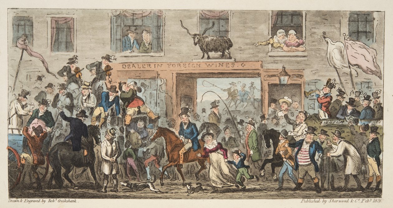 Komický průvod z anglického špióna, hospoda. 1824 (ručně kolorovaná rytina) Gloucester do Berkeley, od The English Spy, pub. 1824 (ručně kolorovaná rytina) od Isaac Robert Cruikshank