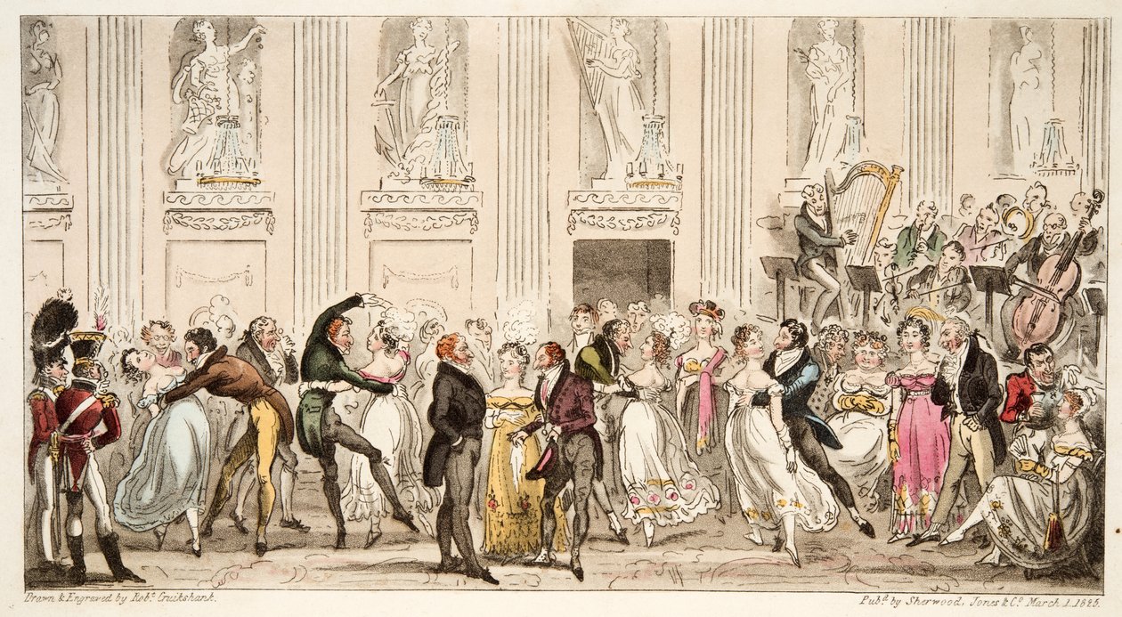 The Cyprians Ball at the Argyle Rooms, z časopisu The English Spy, pub. 1824 (ručně kolorovaná rytina) od Isaac Robert Cruikshank