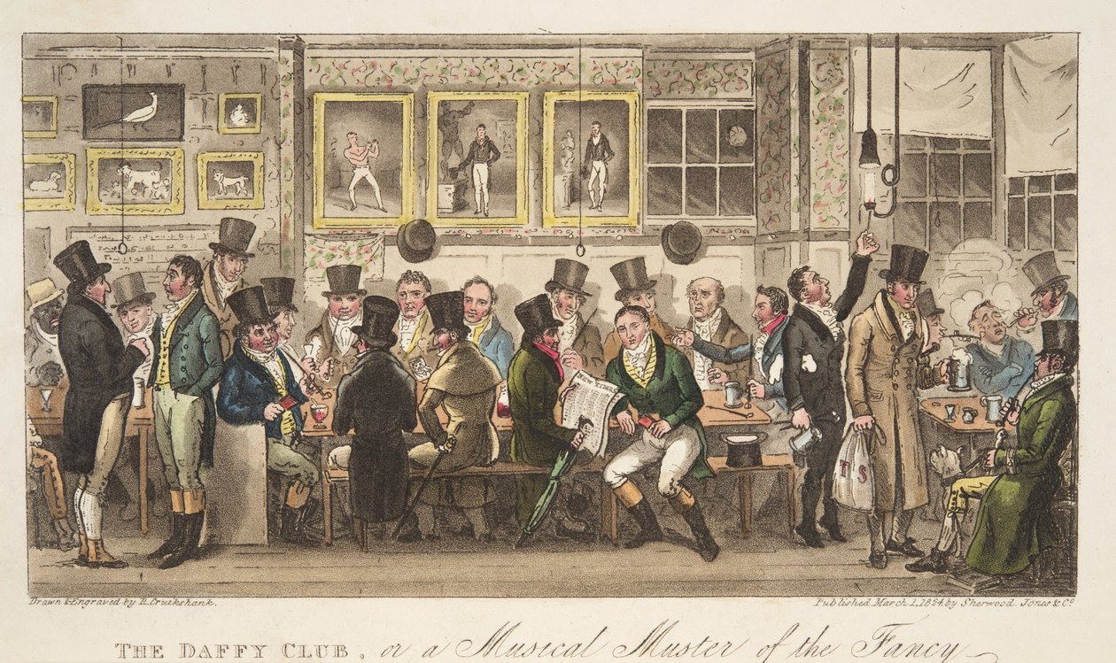 The Daffy Club, aneb Musical Muster of the Fancy, od The English Spy, pub. 1824 (ručně kolorovaná rytina) od Isaac Robert Cruikshank