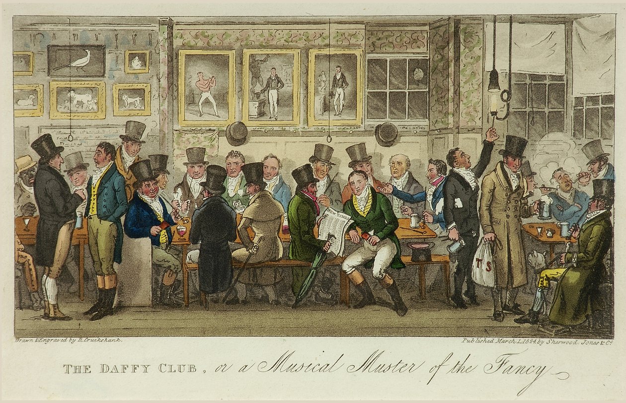 The Daffy Club, neboli hudební sbírka fantazie, publikoval v roce 1824 (barevné lito) od Isaac Robert Cruikshank
