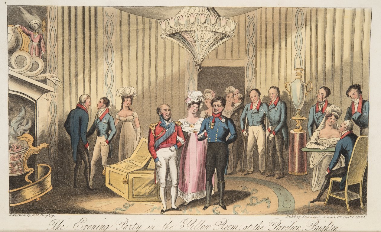 The Evening Party at the Pavilion, Brighton, od The English Spy, pub. 1824 (ručně kolorovaná rytina) od Isaac Robert Cruikshank