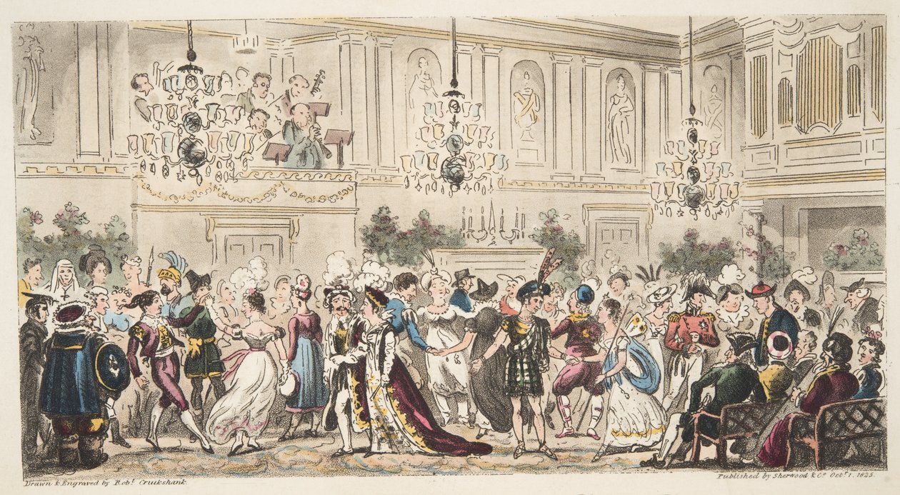 Fancy Ball at the Upper Rooms, Bath, od The English Spy, vydané v Londýně, 1824 od Isaac Robert Cruikshank