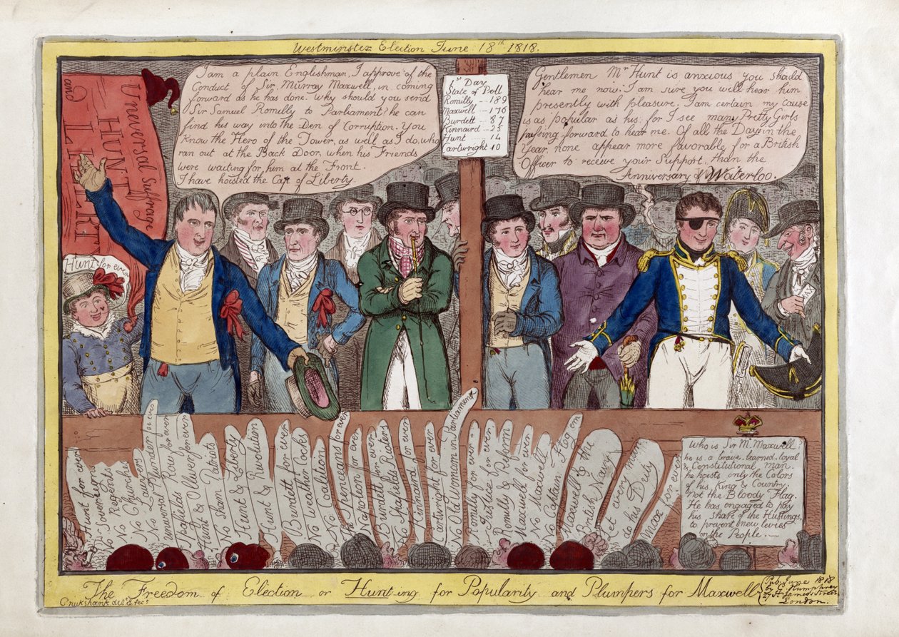 Svoboda ve volbách aneb Lov na popularitu a plky pro Maxwella, nakl. G. Humphrey, 1818 (ručně kolorovaná rytina) od Isaac Robert Cruikshank