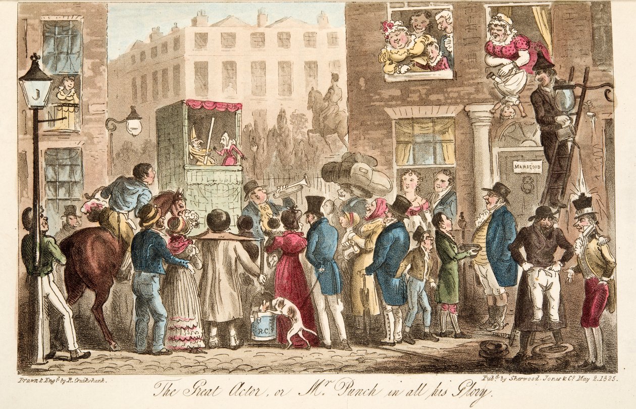 Velký herec, nebo pan Punch v celé své slávě, z anglického špióna, hospoda. 1824 (ručně kolorovaná rytina) od Isaac Robert Cruikshank