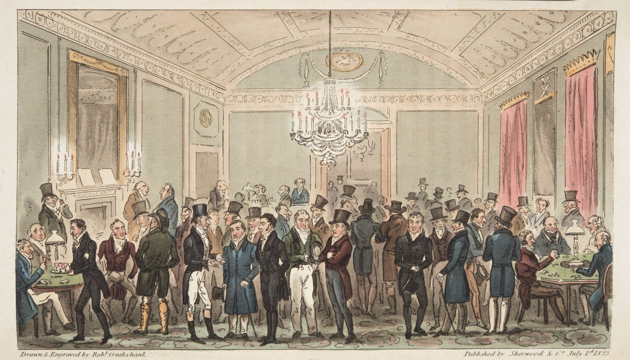 The Great Subscription Room at Brookes, from The English Spy, pub. 1824 (ručně kolorovaná rytina) od Isaac Robert Cruikshank