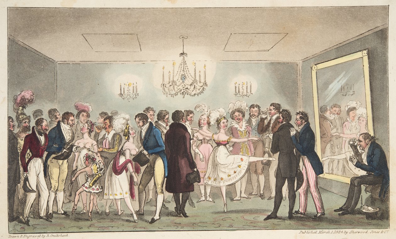 The Green Room of the Kings Theatre aneb Vznešení amatéři prohlížející zahraniční kuriozity, od The English Spy, pub. 1824 (ručně kolorovaná rytina) od Isaac Robert Cruikshank