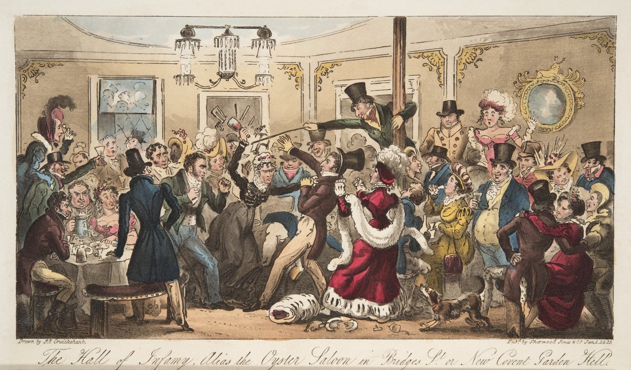 The Hall of Infamy, alias Oyster Saloon v Brydges-Street, nebo New Covent Garden Hell, od The English Spy, hospoda. 1824 (ručně kolorovaná rytina) od Isaac Robert Cruikshank