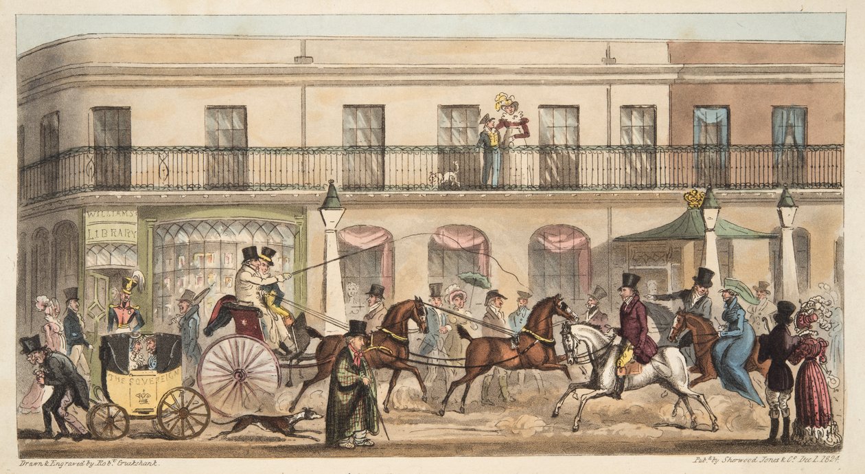 The High Street, Cheltenham, od The English Spy, hospoda. 1824 (ručně kolorovaná rytina) od Isaac Robert Cruikshank