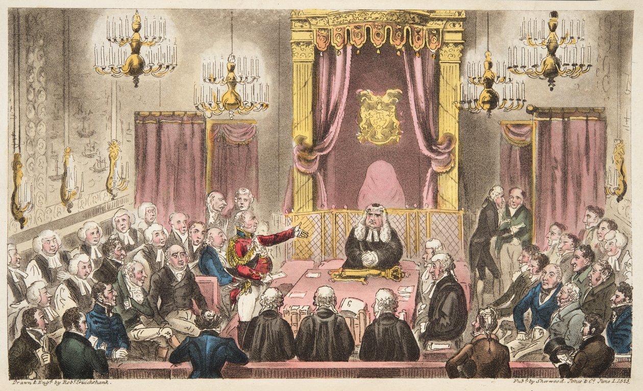 The House of Lords in High Debate, od The English Spy, pub. 1824 (ručně kolorovaná rytina) od Isaac Robert Cruikshank