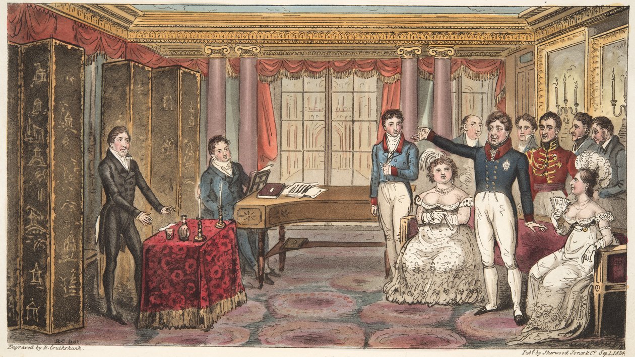 The King at Home, or Mathews at Carlton House, from The English Spy, Charles Westmacott, publikoval 1824 (ručně kolorovaná rytina) od Isaac Robert Cruikshank