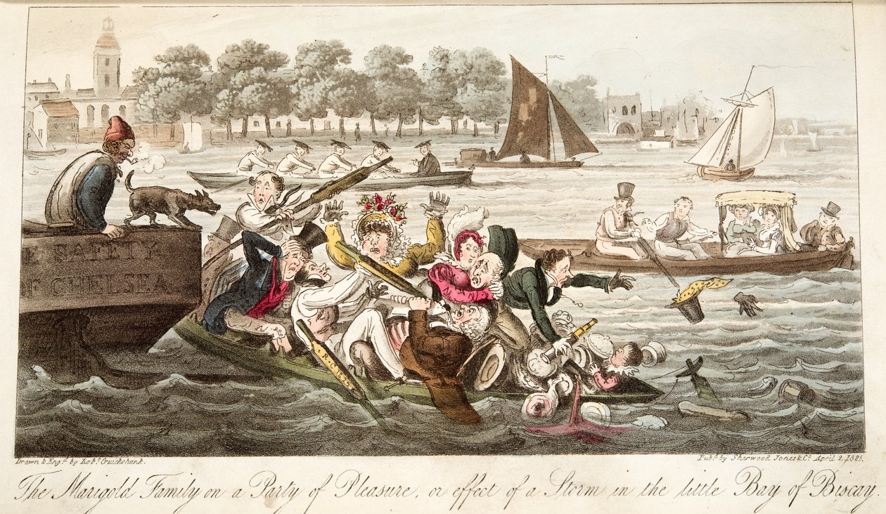 The Marigold Family on a Party of Pleasure, aneb efekt bouře v malém Biskajském zálivu, z hospody The English Spy. 1824 (ručně kolorovaná rytina) od Isaac Robert Cruikshank