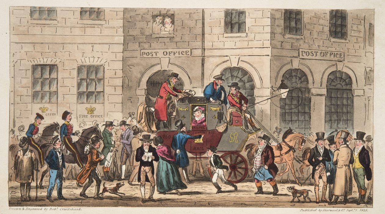 The Post Office Bristol, Arrival of the London Mail, od The English Spy, publikoval Londýn, 1824 od Isaac Robert Cruikshank