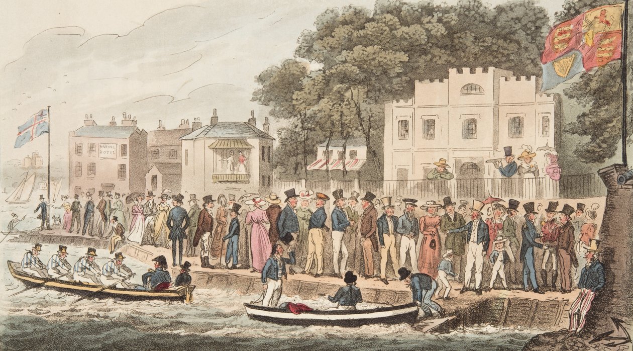 The Promenade at Cowes, od The English Spy, pub. 1824 (ručně kolorovaná rytina) od Isaac Robert Cruikshank