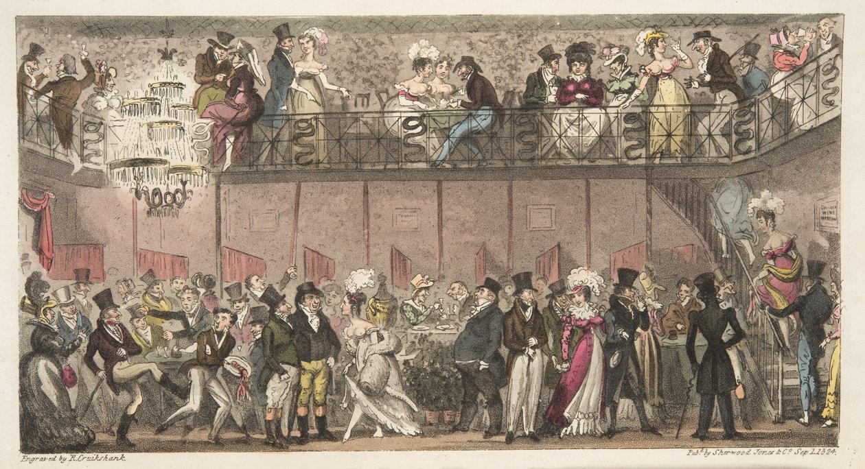 The Royal Saloon, Piccadilly, or a Hour after the Opera, od The English Spy publikovaný v roce 1824 (ručně kolorovaná rytina) od Isaac Robert Cruikshank