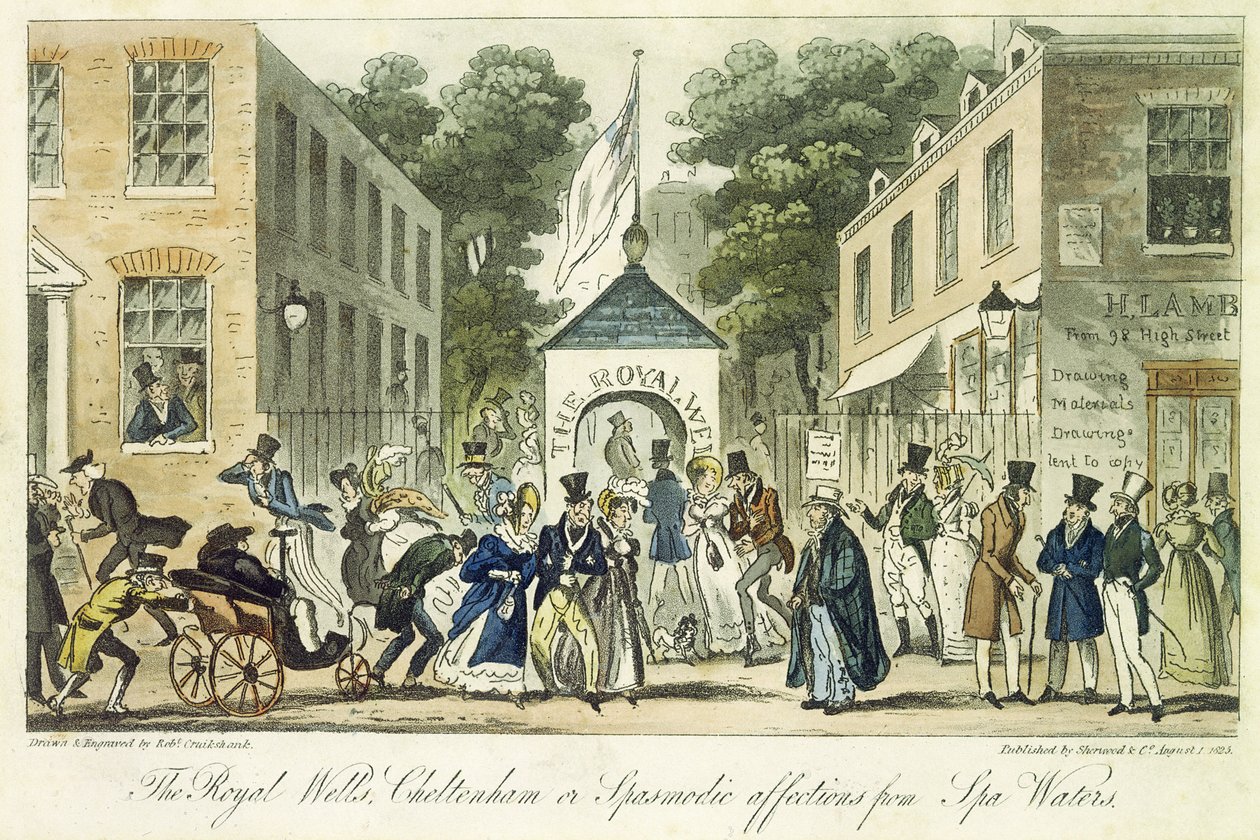 The Royal Wells, Cheltenham, nebo křečovité náklonnosti pro lázeňskou vodu, 1825 od Isaac Robert Cruikshank