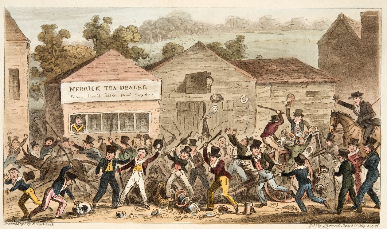 The Tea Pot Row at Harrow, aneb Battle of Hog Lane, od The English Spy, pub. 1824 (ručně kolorovaná rytina) od Isaac Robert Cruikshank