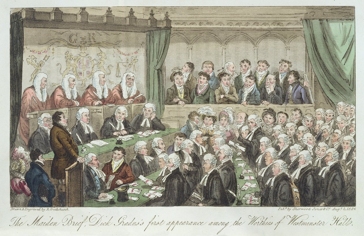 První letenka, první vystoupení Dicka Graduse mezi hodnostáři Westminster Hall, vydaná v roce 1824 od Isaac Robert Cruikshank