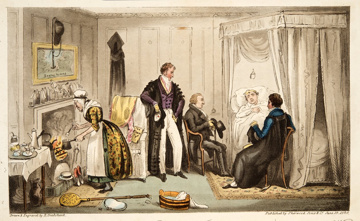 Tom Echo ležel s Headingtonskou horečkou nebo Oxonian velmi blízko zdi, z The English Spy, vydaný Londýn, 1824 (ručně kolorovaná rytina) od Isaac Robert Cruikshank