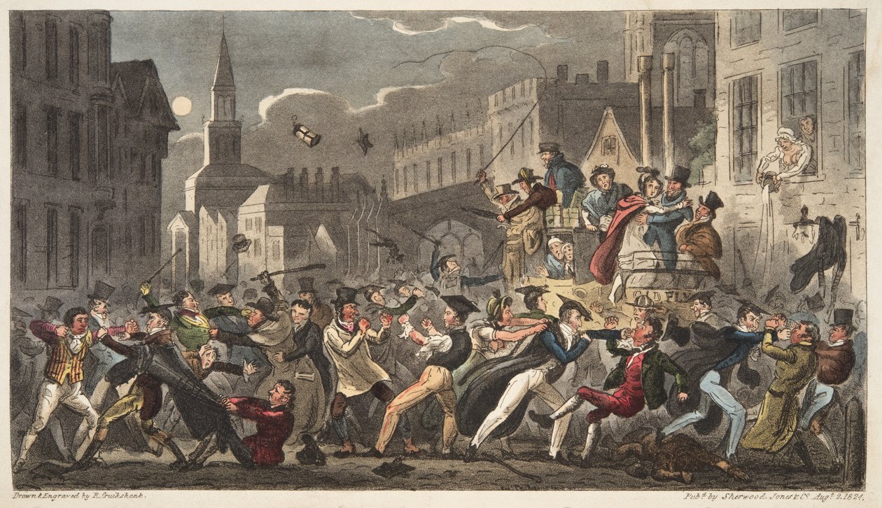 Town and Gown, od The English Spy, pub. 1824 (ručně kolorovaná rytina) od Isaac Robert Cruikshank
