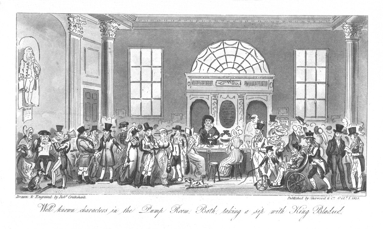 Dobře známé postavy v Pump Room, Bath, popíjejí s králem Bladudem, 1825 od Isaac Robert Cruikshank