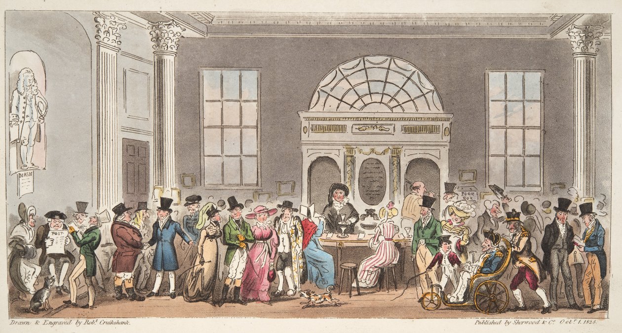 Známí návštěvníci Pump Room, Bath, popíjejí s králem Bladudem z hospody The English Spy. 1824 (ručně kolorovaná rytina) od Isaac Robert Cruikshank