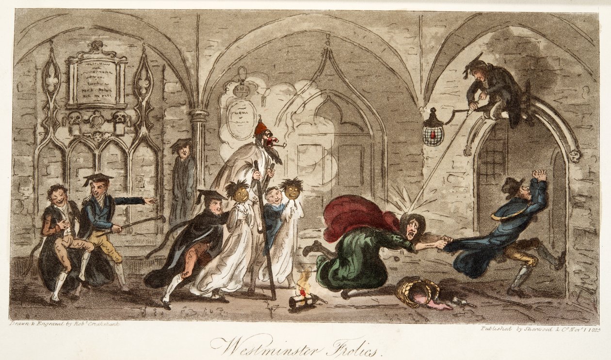 Westminster Frolics, z knihy The English Spy, pub. 1824 (ručně kolorovaná rytina) od Isaac Robert Cruikshank