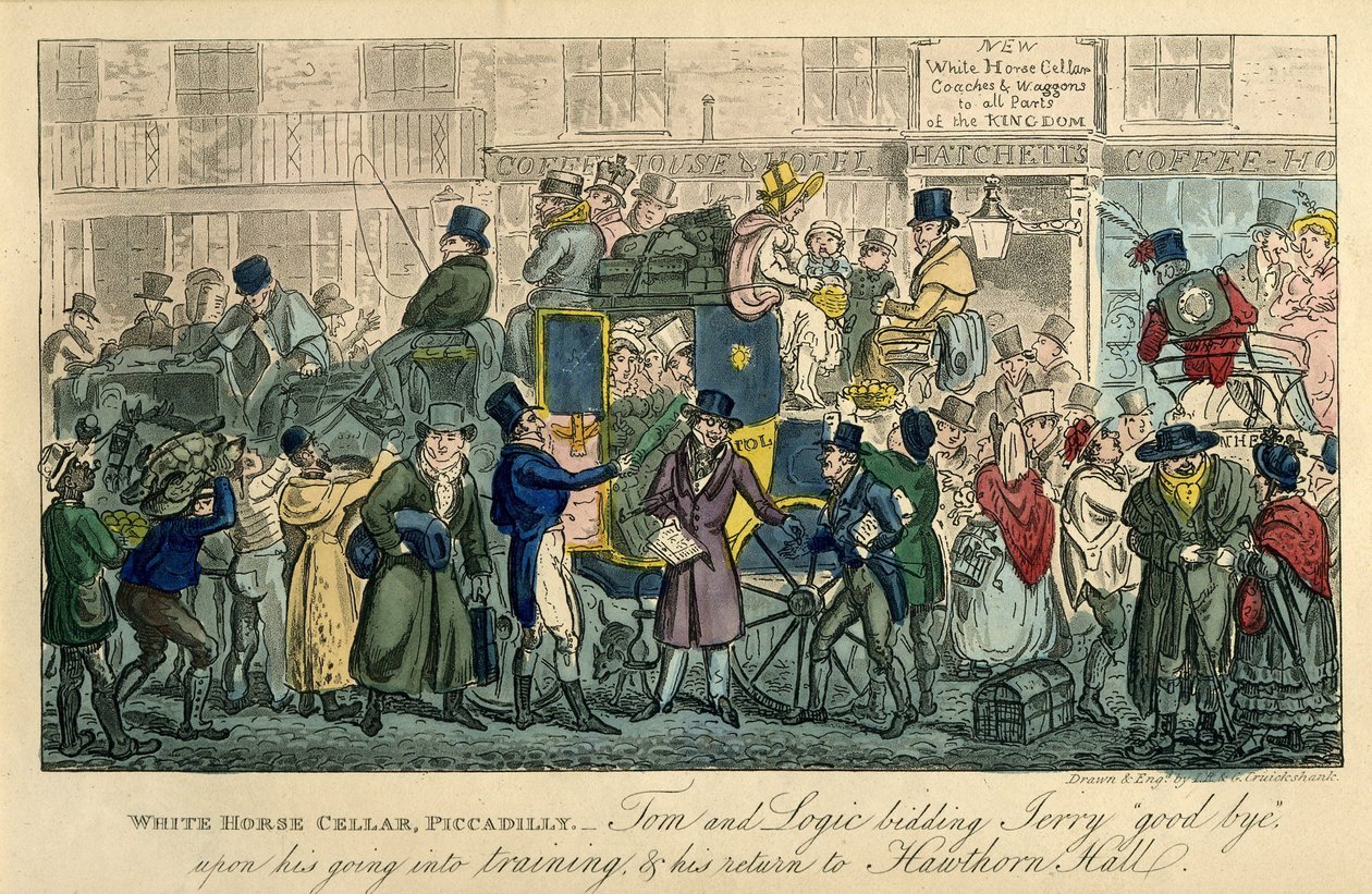 White Horse Cellar, Piccadilly Od: 36 scén ze skutečného života, 1821 od Isaac Robert Cruikshank