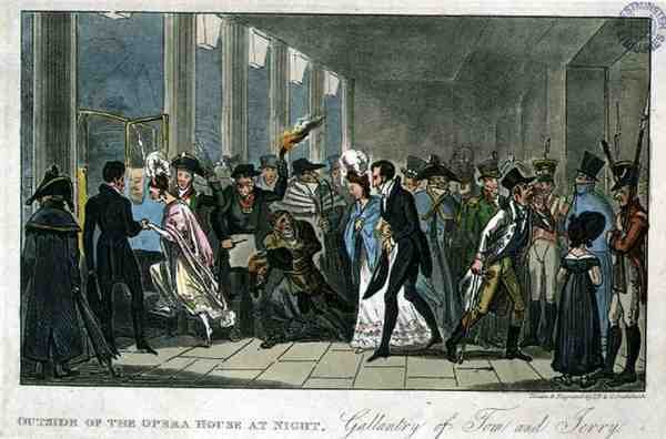 Mimo budovu opery v noci: Galantry Toma a Jerryho z „Life in London“ od Pierce Egana od Isaac Robert and George Cruikshank
