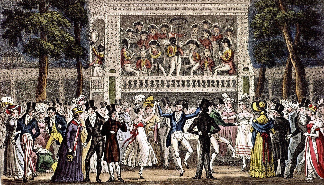 Ples ve Vauxhall Garden v Londýně c. 1830, rytina od Isaac Robert & George (1792 1878) Cruikshank
