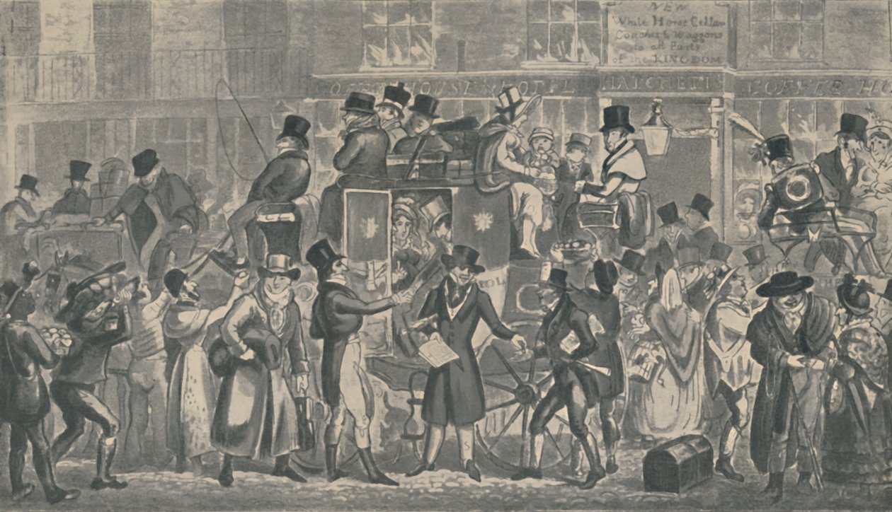 Outside White Horse Cellar, Piccadilly, 1821, 1920. Umělci: Isaac Robert Cruikshank, George Cruikshank. od Isaac, Robert and George Cruikshank