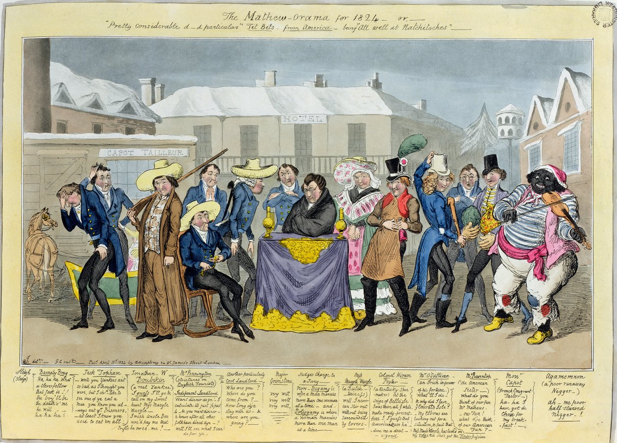 Mathew-Orama za rok 1824, vyd. G. Humphrey, 1824 (kolorovaný lept) od Isaac, Robert and George Cruikshank