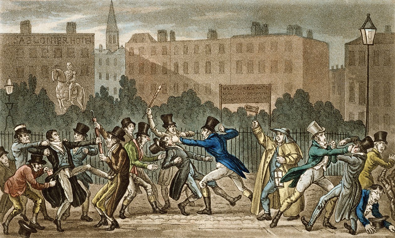 Tom, Jerry a Logic zapojeni do nočního boje, z „Life in London“ od Pierce Egana (1772-1849), 1821-22 (barevná akvatinta) od Isaac, Robert and George Cruikshank