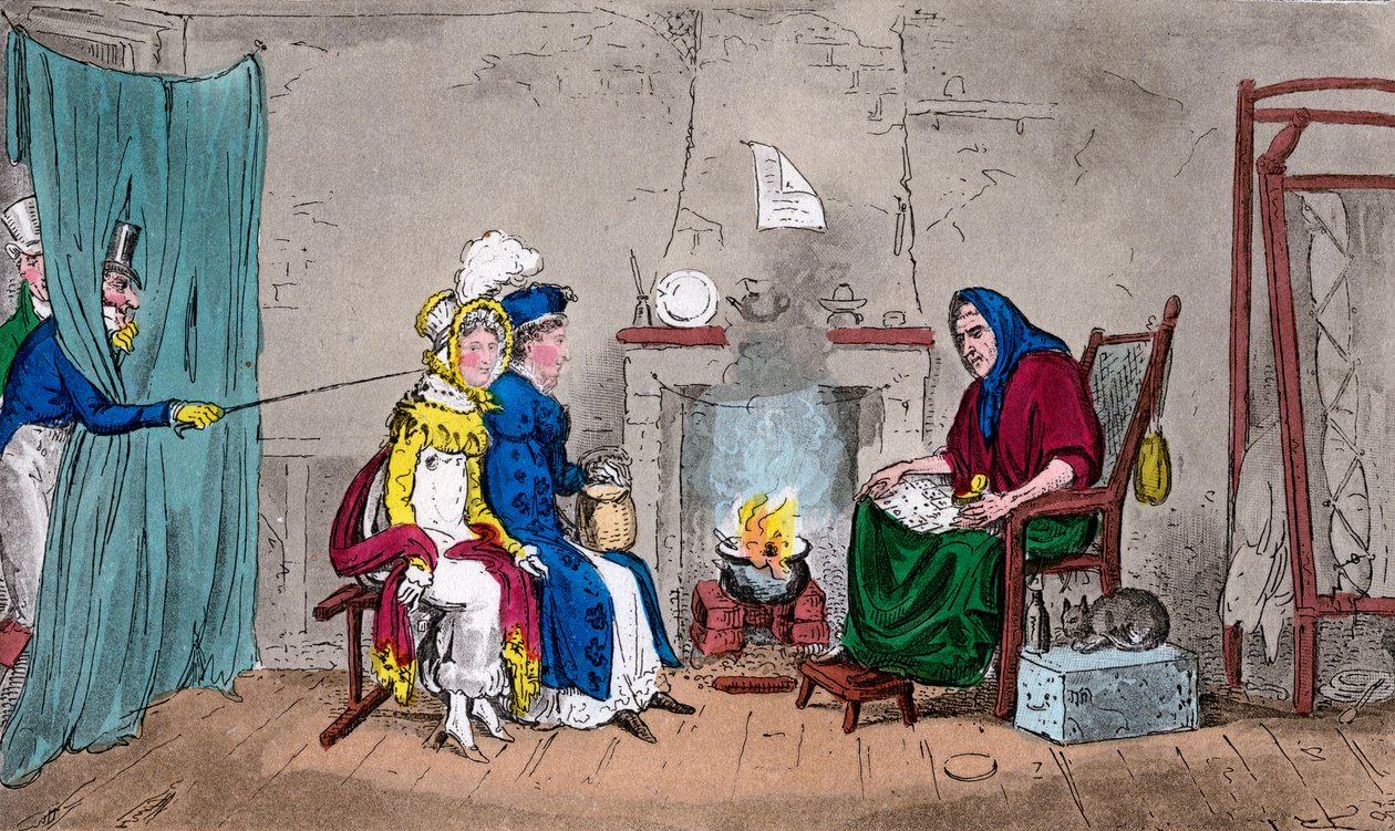 Tom a Jerry, chytající Kate a Sue za běhu, s vyprávěním jejich osudů, 19. století. od Isaac, Robert and George Cruikshank