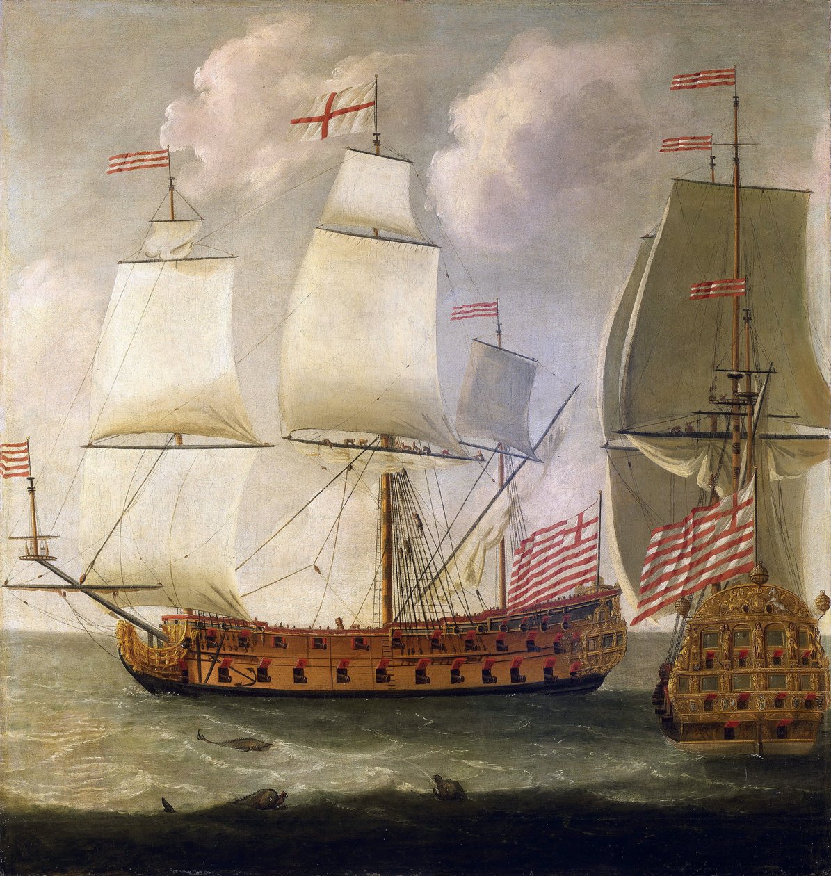 Dvojí popis ozbrojené lodi "Indiaman" z doby anglického krále Viléma III (1650-1702) z Východoindické společnosti. od Isaac Sailmaker