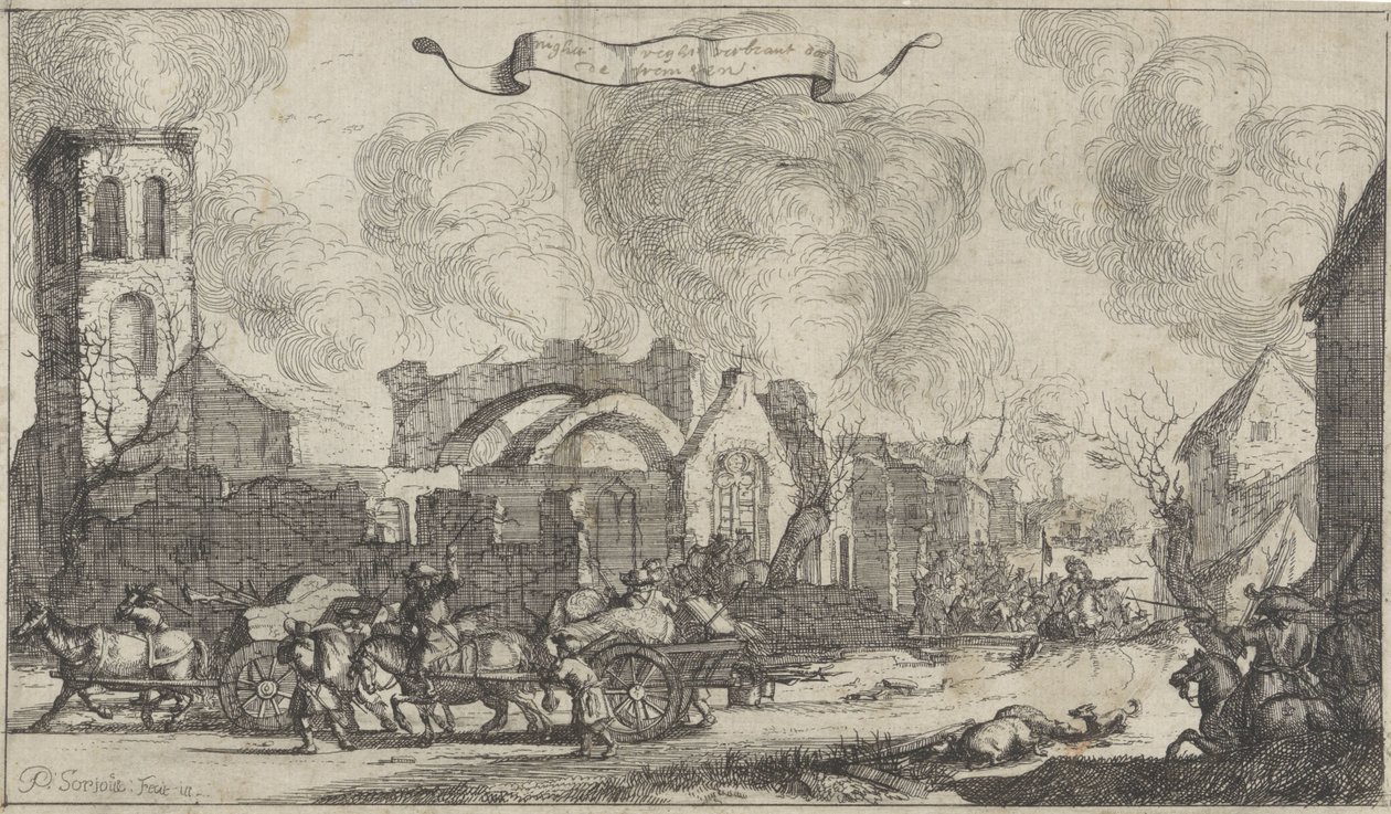 Francouzské jednotky pochodují, rabují a střílejí přes ruiny vesnice Nigtevecht, 1672 Série třinácti snímků vesnic a hradů v provincii Utrecht zničených Francouzi v roce 1672 (název série) od Isaac Sorious