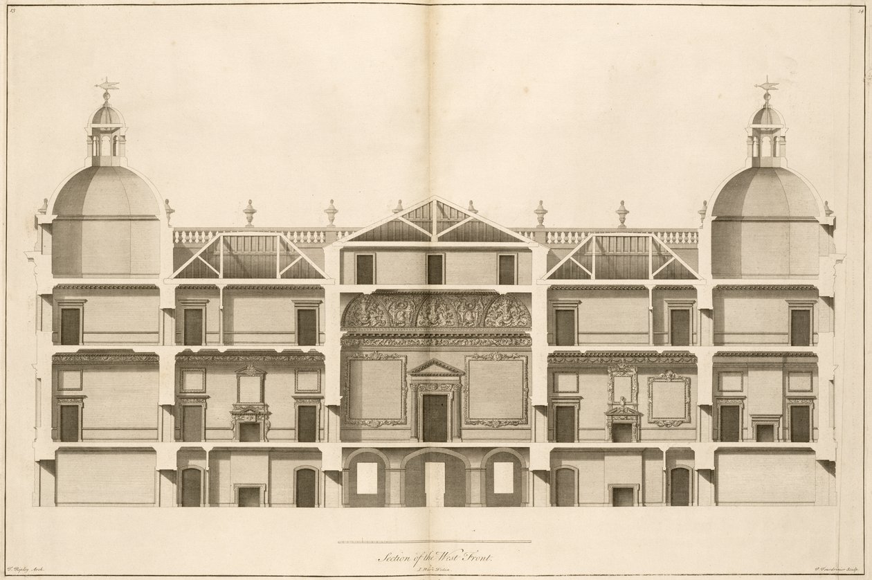 Houghton Hall: část západní fronty, vyrytý Pierrem Fourdrinierem, 1735 (viz také 64902 a 64903) od Isaac Ware